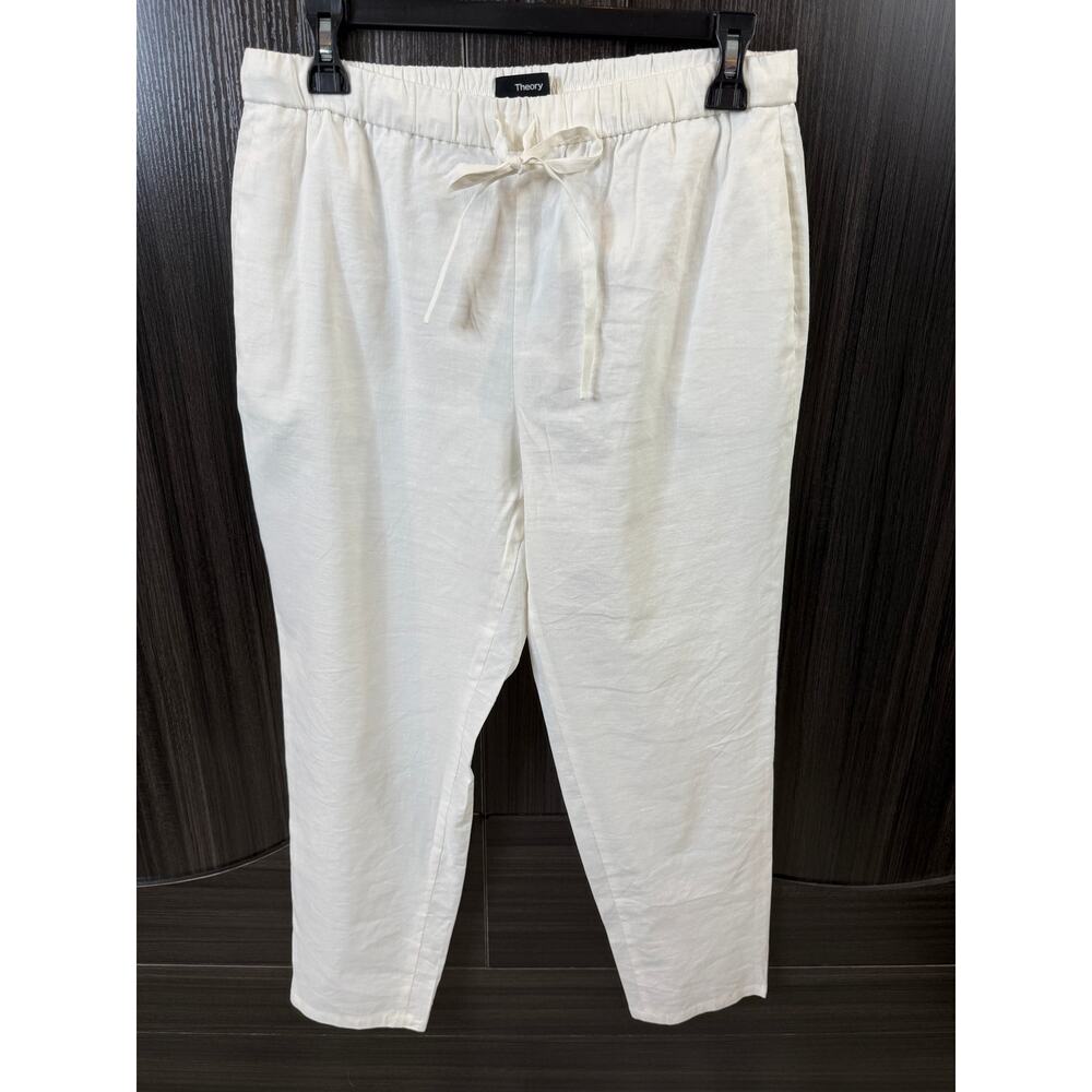 Theory Treeca Eco Crunch Wash White Linen Blend Drawstring Cropped Pants Women M - Picture 2 of 9